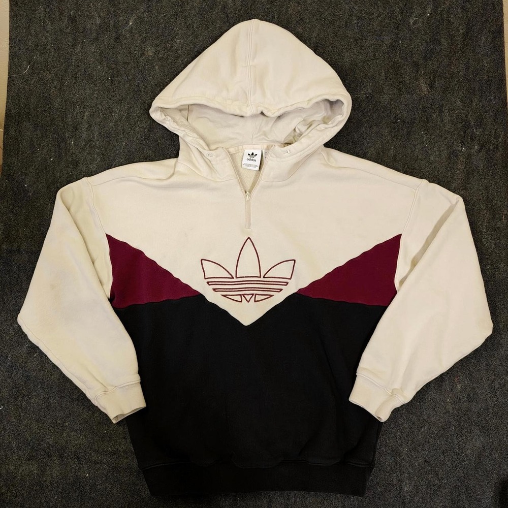 Adidas Originals Colorblock Quarter Zip Hoodie Trefoil Cream Black Burgundy XS